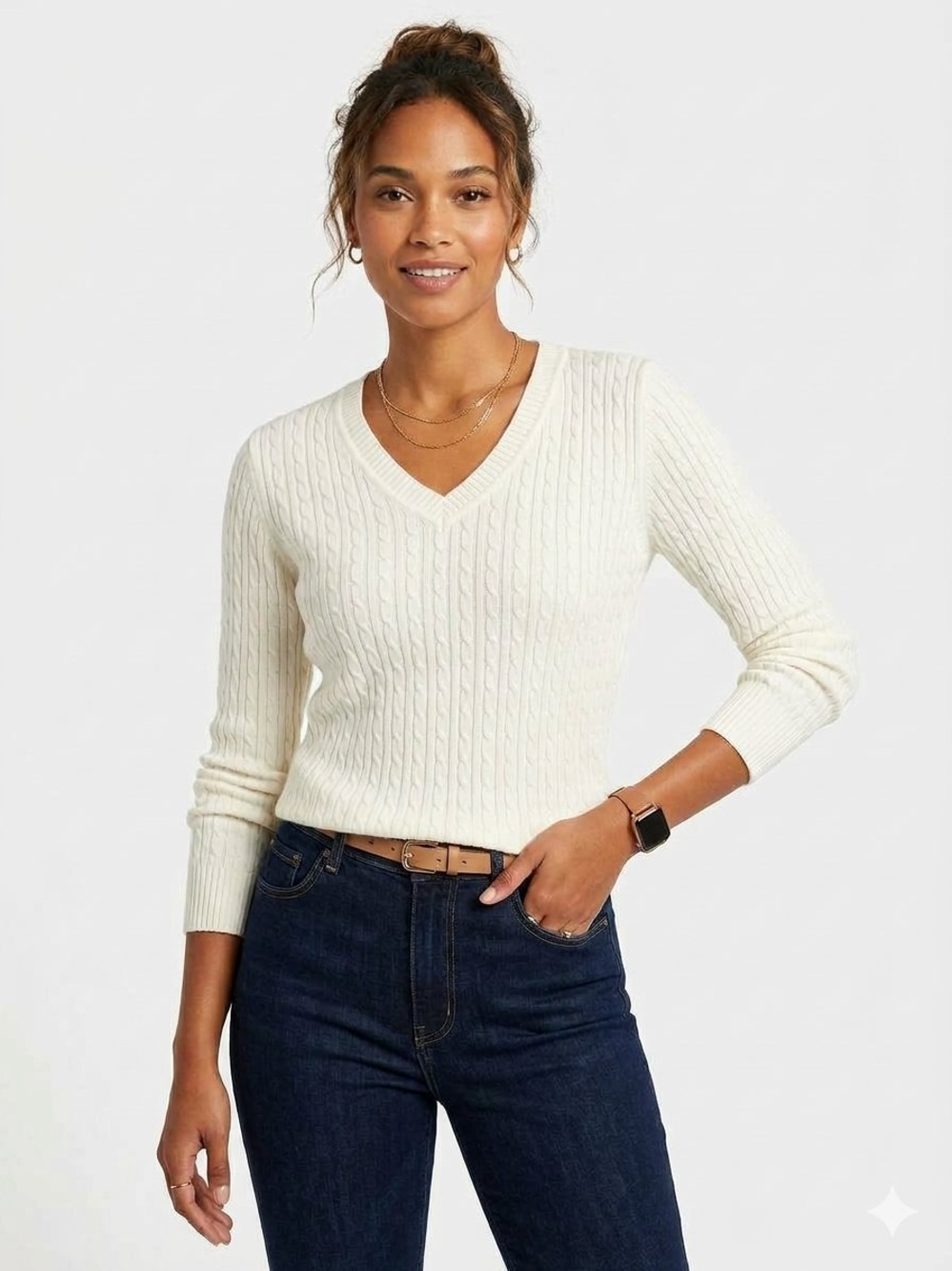 Van Heusen White Cable Knit V-Neck Sweater